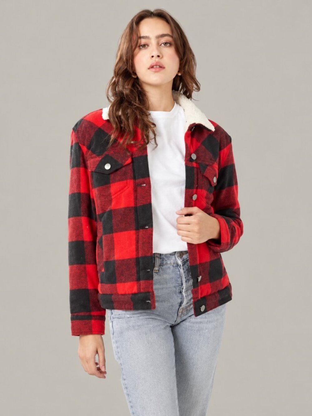 Love Tree Red Black Buffalo Plaid Sherpa Lined Trucker Jacket Size M
